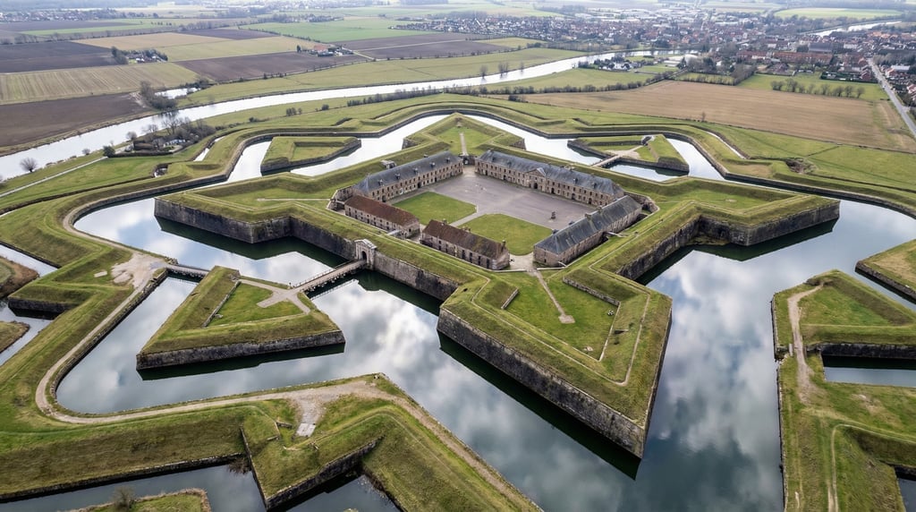 Wide drone view of a historic fort from above showing the star-shaped bastions and moat