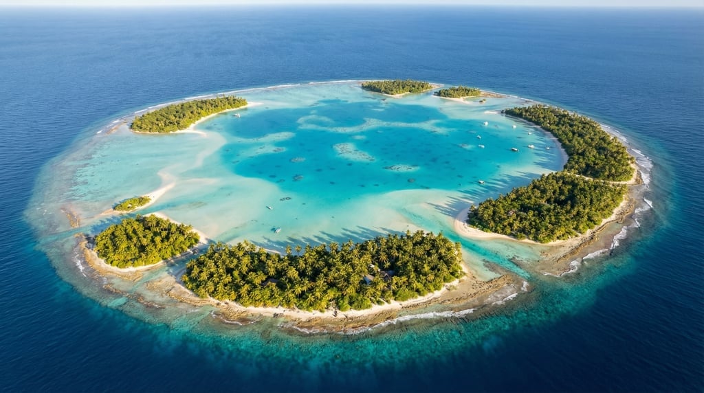 Wide drone panorama of an atoll from above