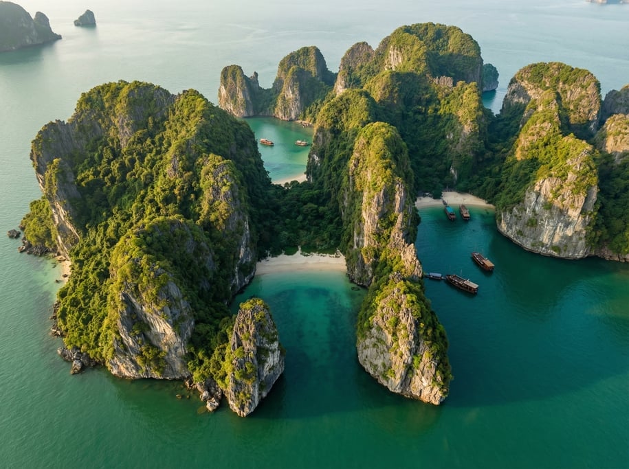 Drone view of a cluster of limestone karst islands rising from emerald green sea