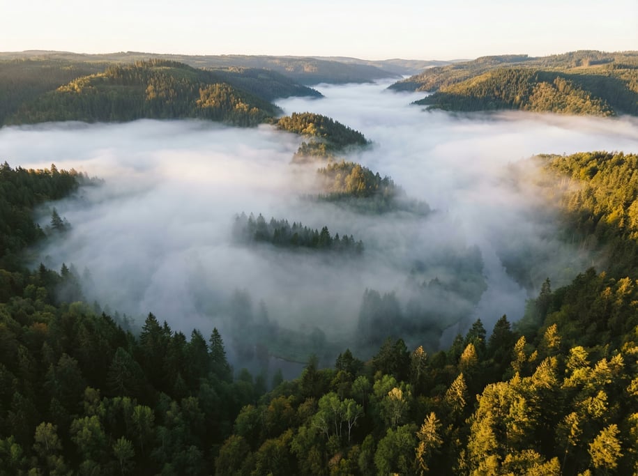 Drone shot of morning fog filling a valley between forested hills