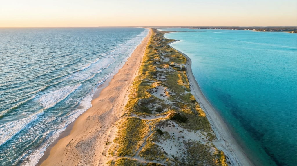 Wide aerial of a long barrier beach with rolling Atlantic surf on one side and a calm protected lago
