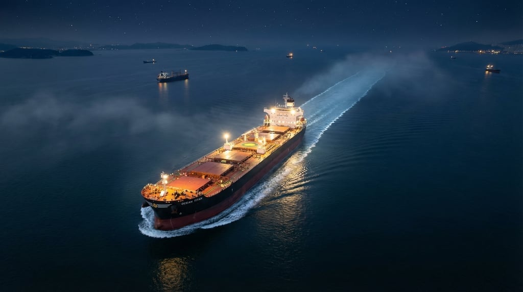 Wide drone view of a shipping lane at night with a massive cargo vessel lit up crossing calm dark wa