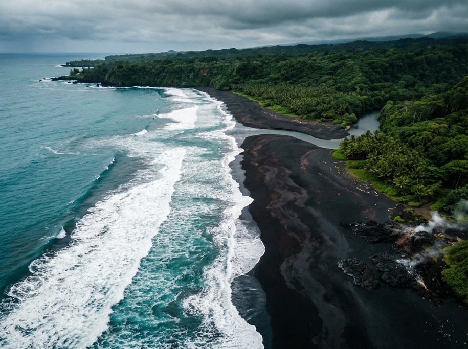 Aerial view of a black sand volcanic beach with turquoise surf breaking in white lines against the d