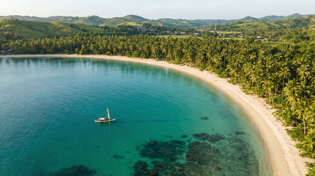 Wide drone panorama of a crescent-shaped bay with calm emerald water, white sand beach