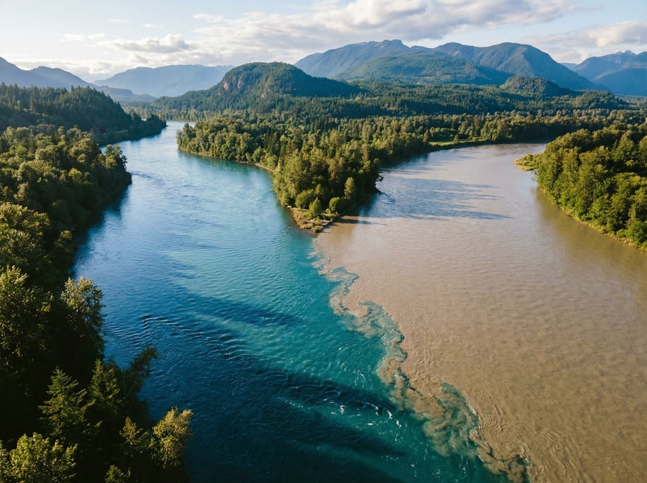 Aerial shot of two rivers merging at a confluence