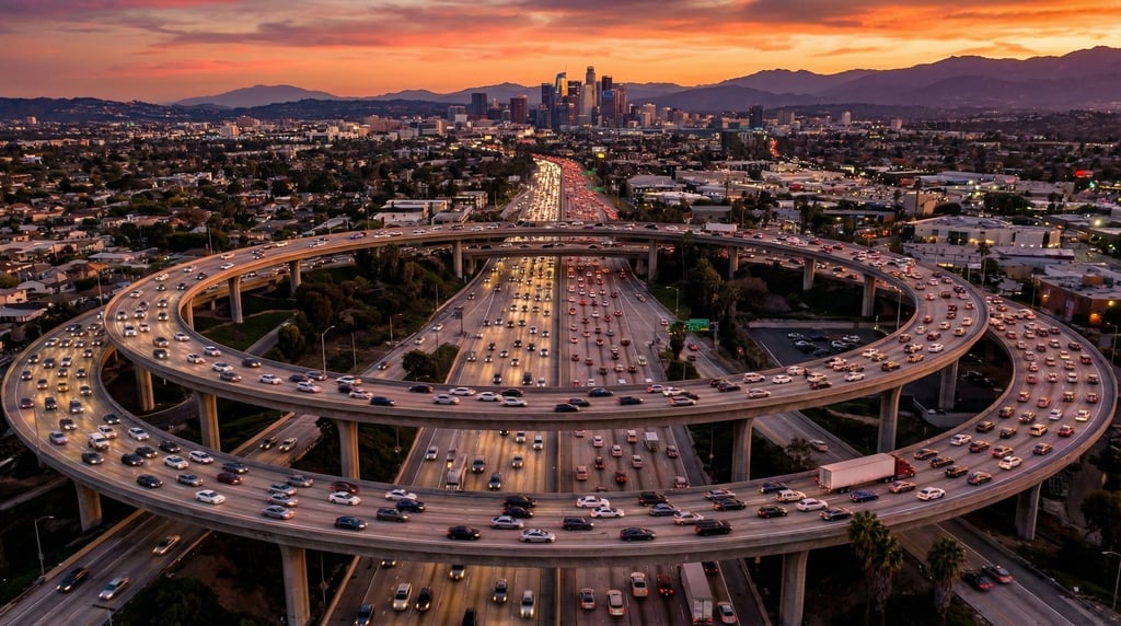 Wide drone view of a massive freeway interchange at rush hour