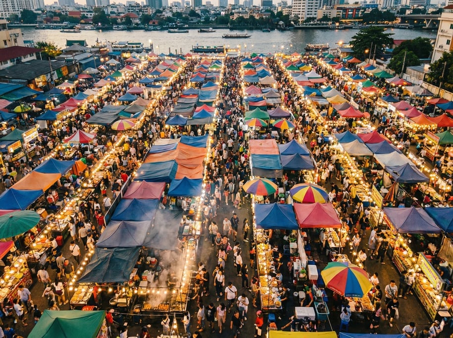 Aerial view of a night market from above with rows of illuminated food stalls