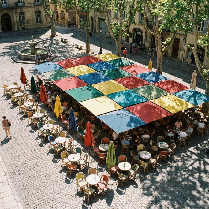 Overhead shot of an outdoor cafe with round tables and chairs on a cobblestone plaza