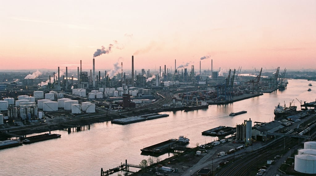 Wide aerial of a riverside industrial zone at dawn, smokestacks, storage tanks