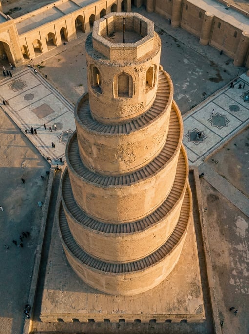 Top-down view of a spiral mosque minaret from directly above