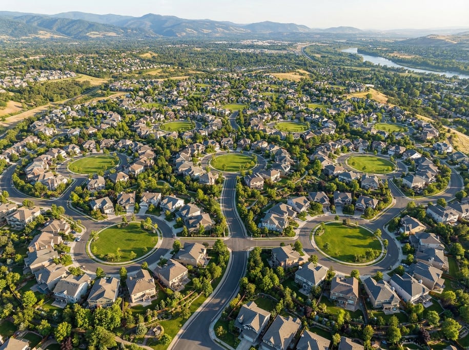 Drone view of a suburban neighborhood with circular cul-de-sacs