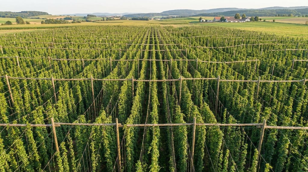 Wide aerial of a hop field with tall trellis frames in precise rows