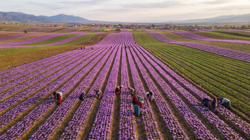 Wide drone view of saffron fields in bloom with rows of purple crocus flowers covering gentle hillsi