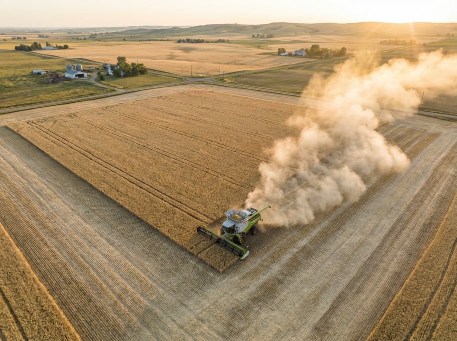 Drone view of a wheat field with a combine harvester creating a sharp line between golden standing c