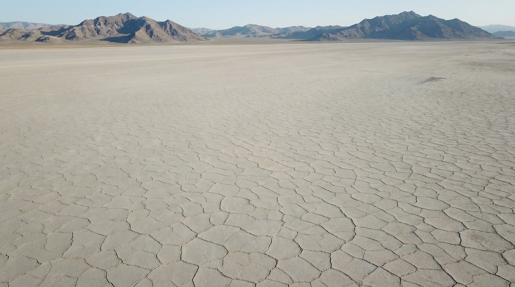 Wide aerial of a vast playa lakebed with geometric mud crack patterns extending to the horizon