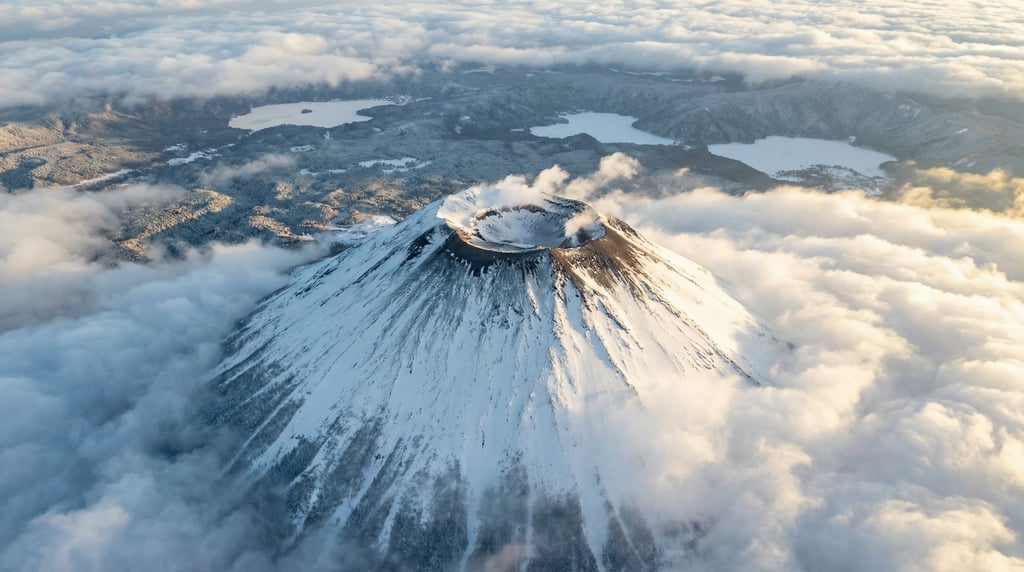 Wide drone view of a snow-covered volcano with a perfect conical shape