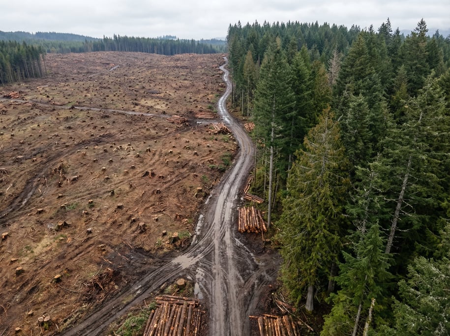 Drone view of a logging clear-cut area next to standing old-growth forest