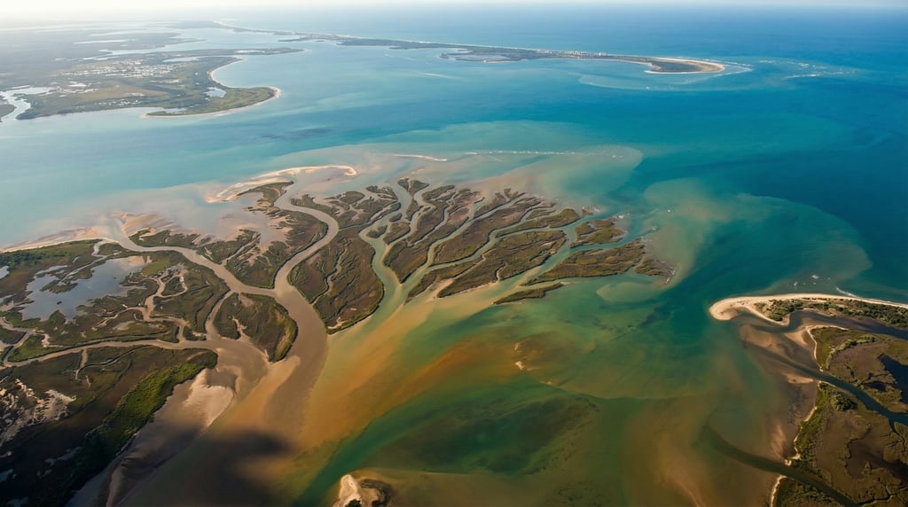 Wide aerial of a river delta spreading into a shallow sea