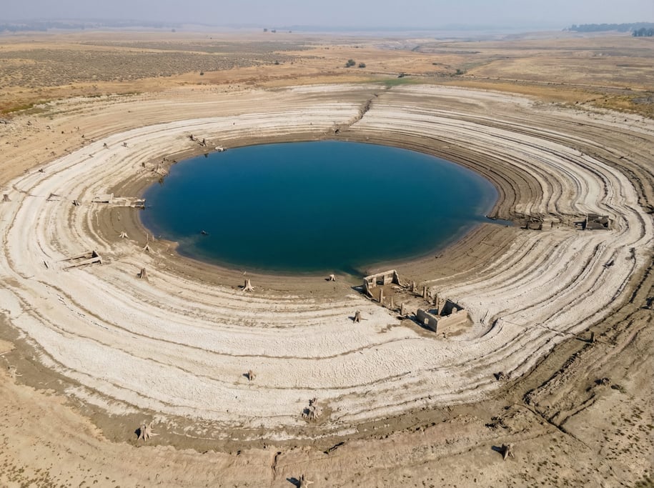 Drone view of a reservoir drawdown exposing the ring of previously submerged shoreline in pale clay
