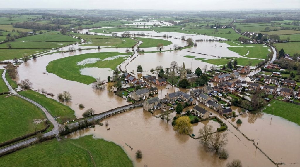 Wide aerial of a meandering lowland river in flood, the brown water spread across green farmland