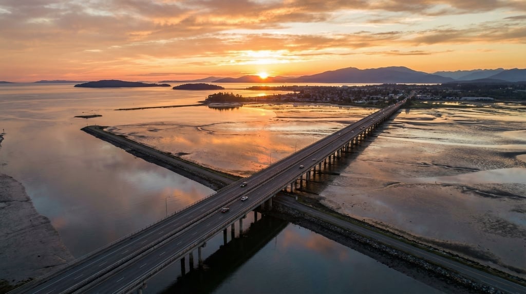 Wide drone view of a causeway bridge crossing a vast shallow bay at sunset