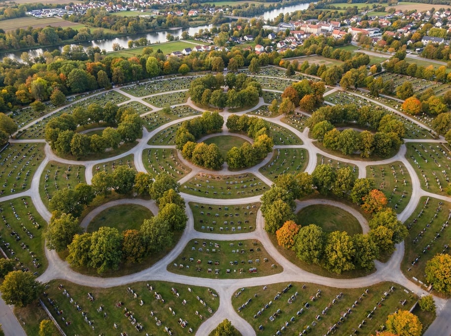 Aerial shot of a cemetery with circular and curved pathways between sections of graves