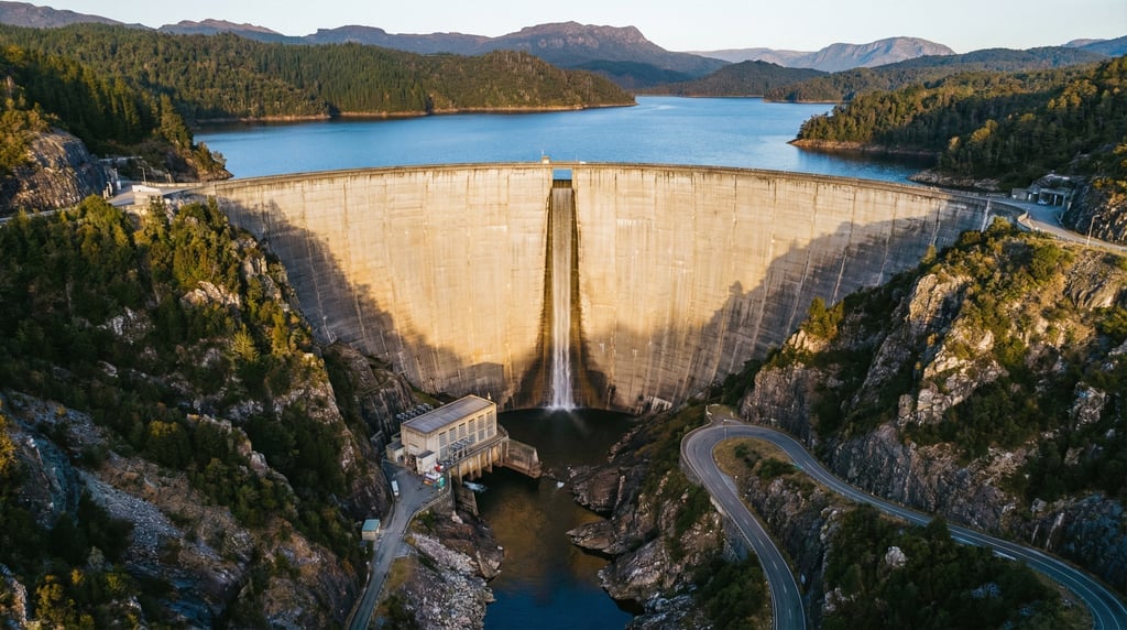 Wide drone shot of a massive dam wall from the downstream side