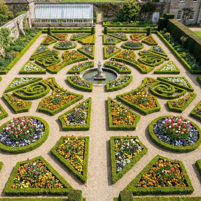 Overhead shot of a botanical garden with geometric flower beds in a formal parterre layout