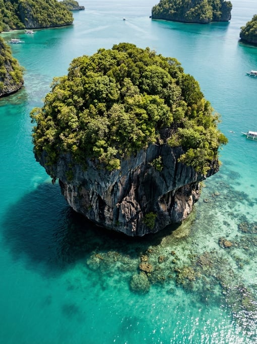 Top-down aerial of a mushroom-shaped rock island with overhanging vegetation above undercut dark roc