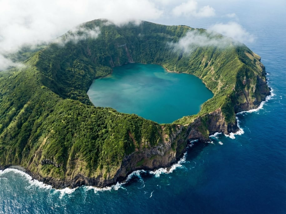Aerial shot of a circular volcanic caldera island with a lake inside the crater, lush green slopes