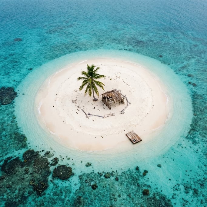 Overhead shot of a tiny desert island with a single palm tree, white sand beach ring
