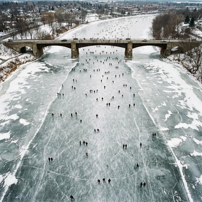 Overhead shot of a frozen river with ice skaters as tiny dark figures on the white surface