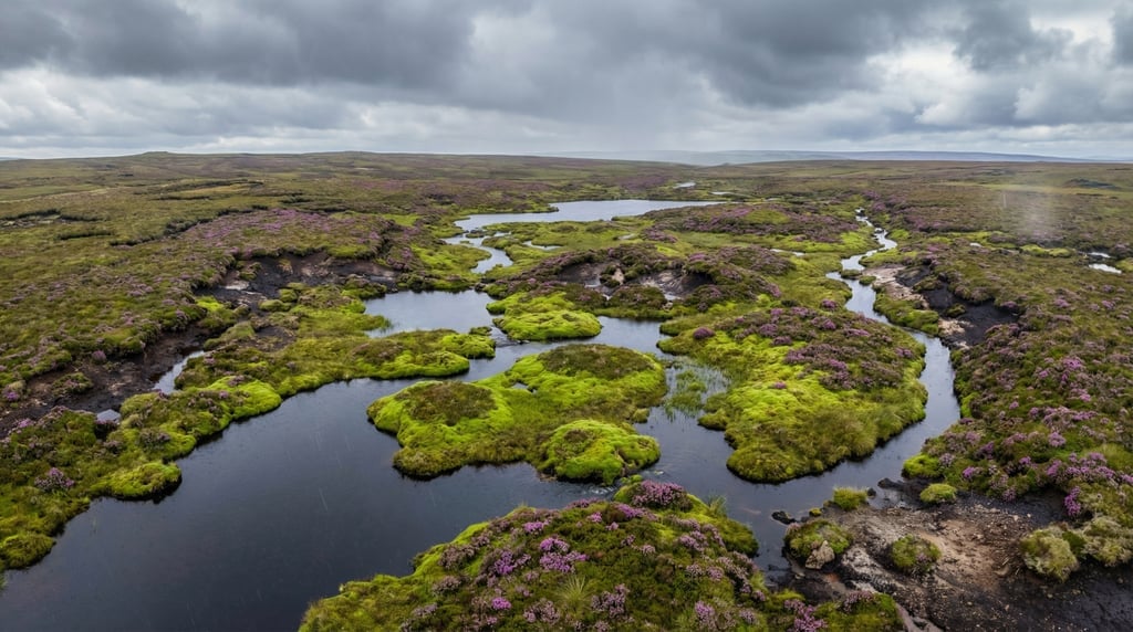 Wide aerial of a wild peat moor with dark pools of water, bright green moss hummocks