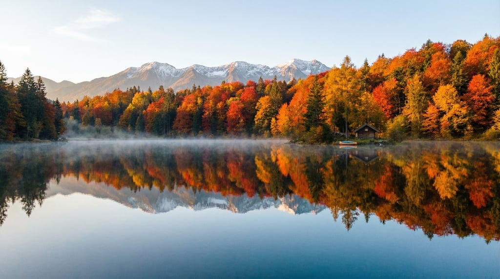 Wide drone panorama of a mountain lake surrounded by autumn forest in peak color