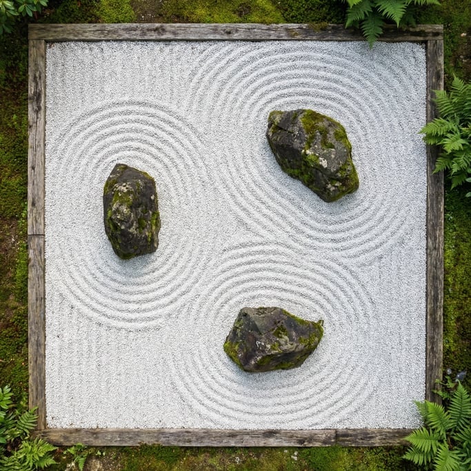 Overhead shot of a Zen rock garden from above with raked white gravel patterns in concentric circles