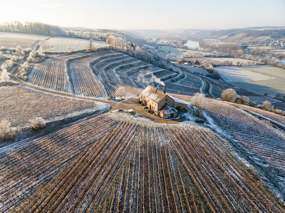 Aerial view of a vineyard in winter with bare brown grapevine rows on terraced hillside