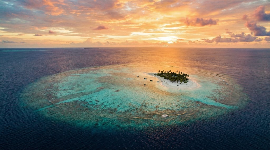 Wide aerial of a coral cay at sunset with the shallow reef visible as a ring of turquoise around a w