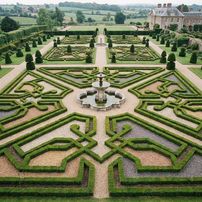 Overhead shot of a formal English garden with a knot garden pattern in clipped boxwood hedges