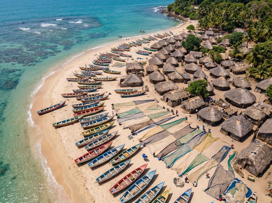 Aerial view of a traditional fishing village from above with colorful boats pulled up on a beach