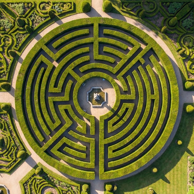 Overhead drone shot of a circular hedge maze in a formal garden