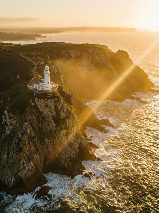 Aerial view of a lighthouse from the side at golden hour, the white tower on a rocky cliff