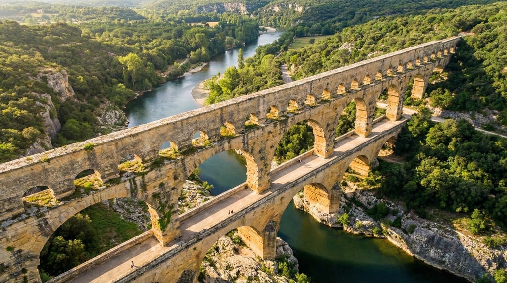 Wide aerial of a river gorge spanned by a stone aqueduct bridge with multiple arches