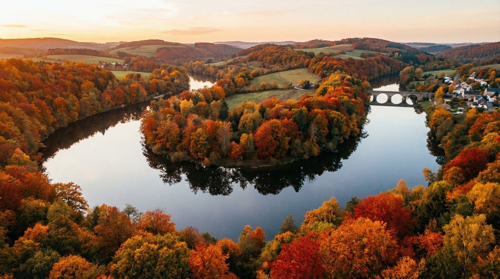 Wide aerial of an autumn river lined with trees in peak fall color