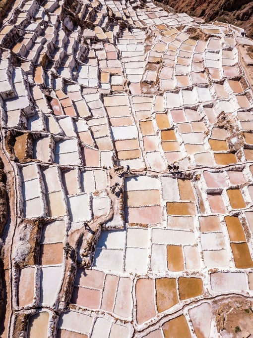 Top-down aerial of a terraced salt mine with rectangular evaporation pools in varying shades of whit