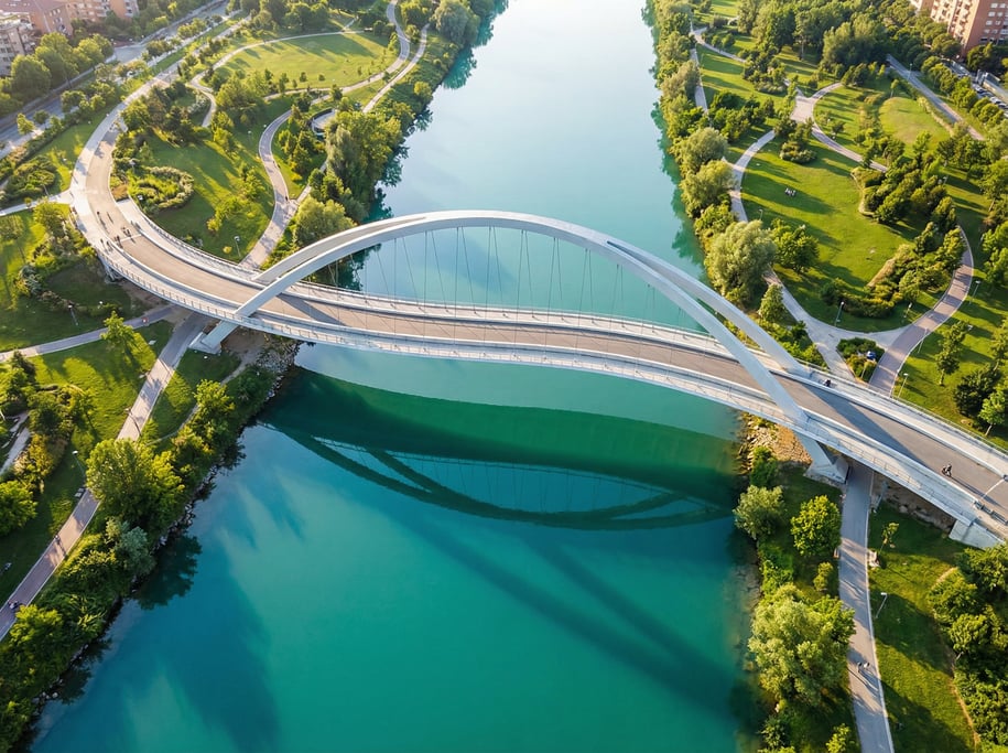 Aerial view of a curved modern bridge arching over a turquoise river