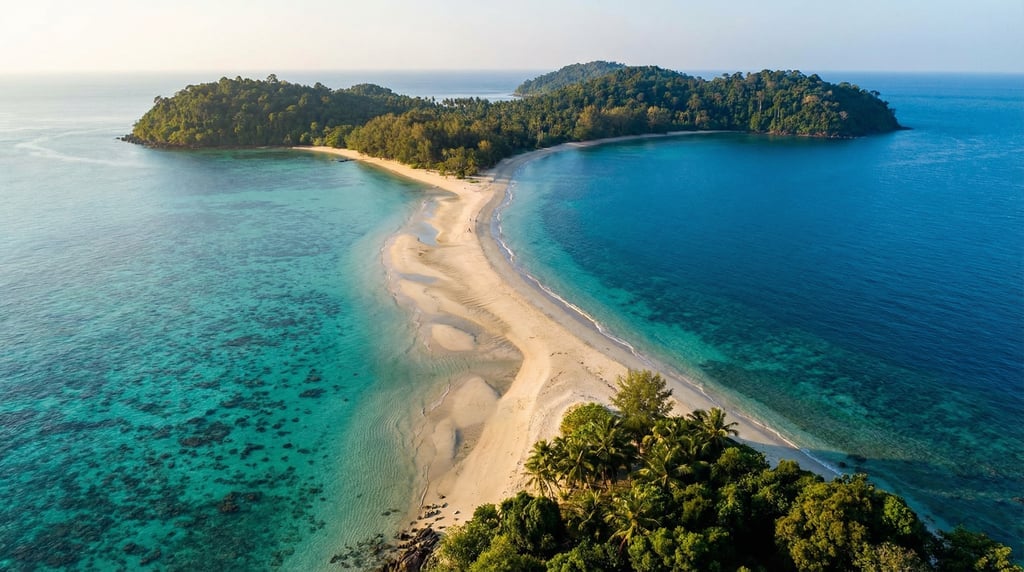 Wide drone view of a long sandy causeway connecting two islands at low tide