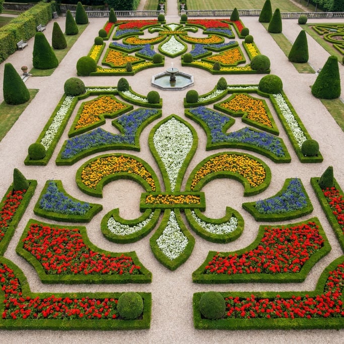 Overhead shot of a decorative garden parterre with symmetrical planted beds in a fleur-de-lis patter