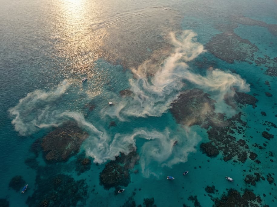 Aerial shot of a coral spawning event from above