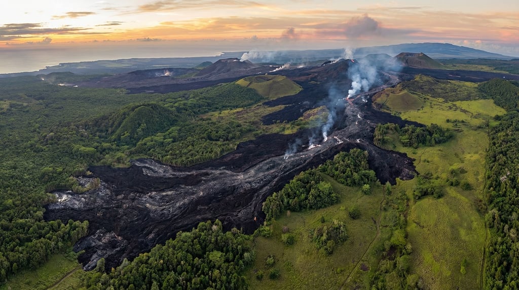 Wide aerial panorama of a volcanic landscape with a lava flow creating a dark black river of solidif