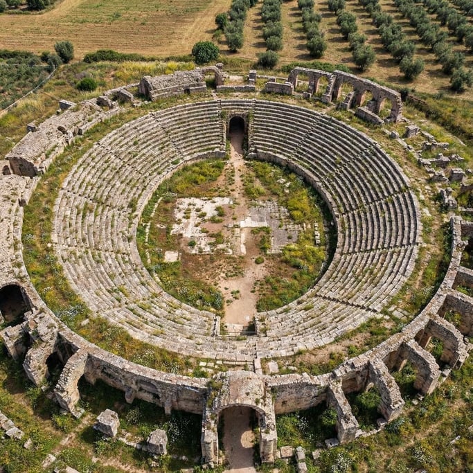 Overhead drone shot of a circular Roman amphitheater ruin from above
